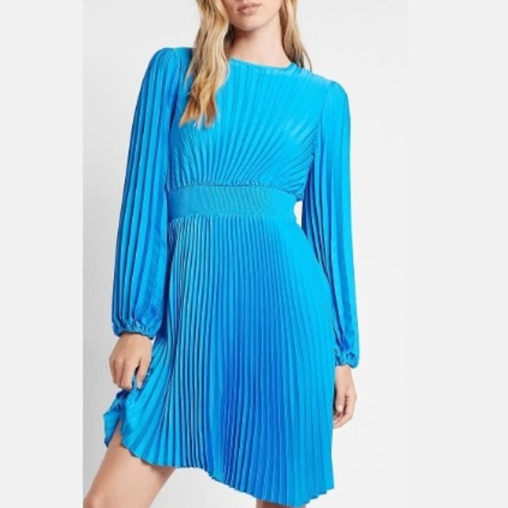 Express Satin Long Sleeve Pleated Asymmetrical Hem Mini Dress, XS